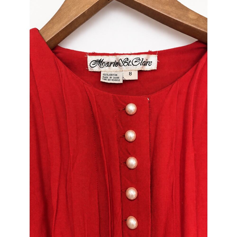 Vintage Marie St Claire Red Midi Dress Pearl Buttons Long Sleeve Cottagecore S 8 - Picture 2 of 3